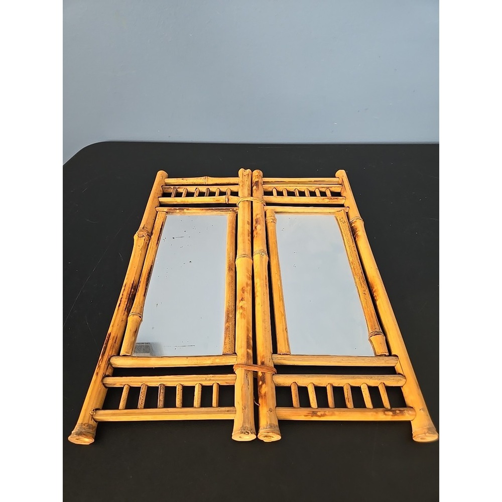 VTG Bamboo Rattan Tabletop Vanity Mirror Folding 2 Sides Jewelry Holder Boho